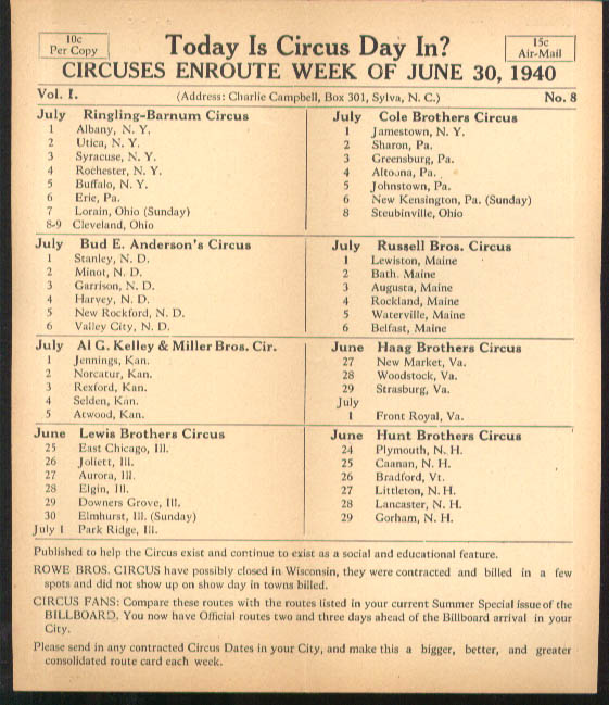Image for Today is Circus Day Consolidated Route Card #8 6/30 1940 Ringling Bros et al