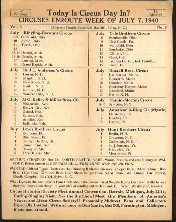 Image for Today is Circus Day Consolidated Route Card #9 7/7 1940 Ringling Bros et al