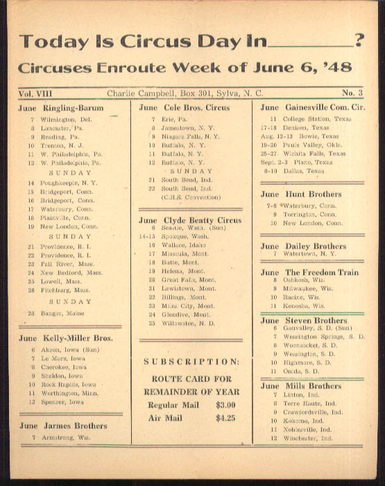 Image for Today is Circus Day Consolidated Route Card #3 6/6 1948 Ringling Bros et al