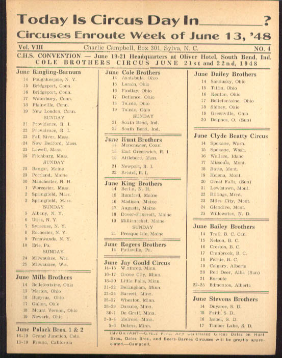 Image for Today is Circus Day Consolidated Route Card #4 6/13 1948 Ringling Bros et al