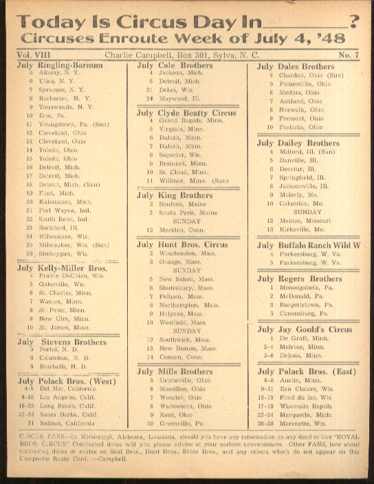 Image for Today is Circus Day Consolidated Route Card #7 7/4 1948 Ringling Bros et al