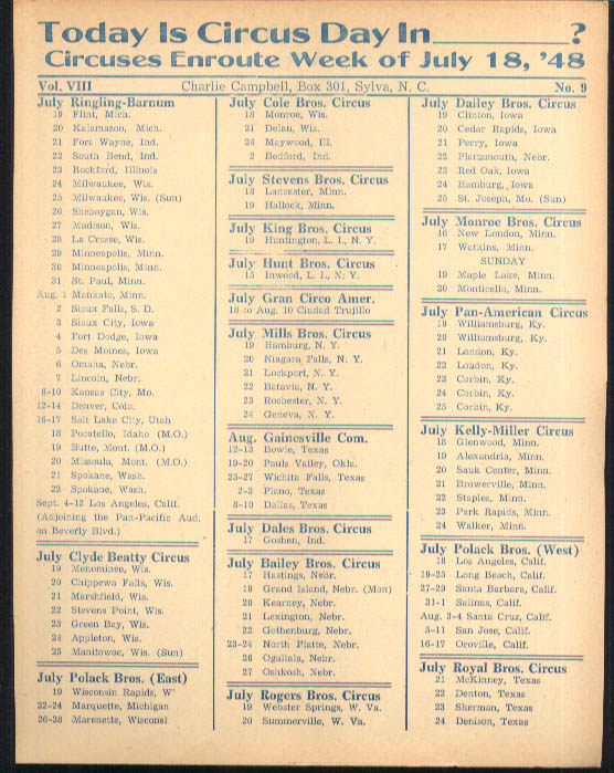 Image for Today is Circus Day Consolidated Route Card #9 7/18 1948 Ringling Bros et al