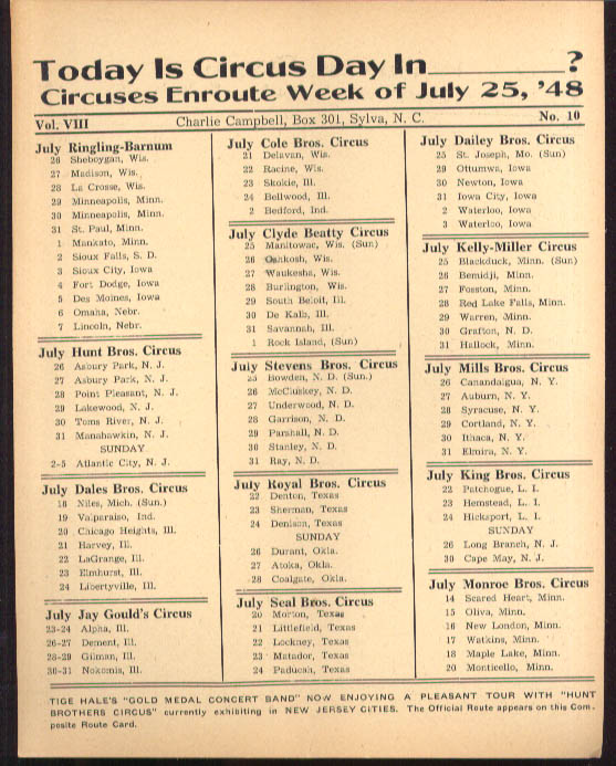 Image for Today is Circus Day Consolidated Route Card #10 7/25 1948 Ringling Bros et al