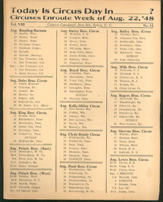 Image for Today is Circus Day Consolidated Route Card #14 8/22 1948 Ringling Bros et al