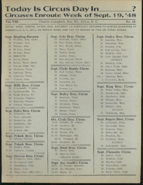 Image for Today is Circus Day Consolidated Route Card #18 9/19 1948 Ringling Bros et al