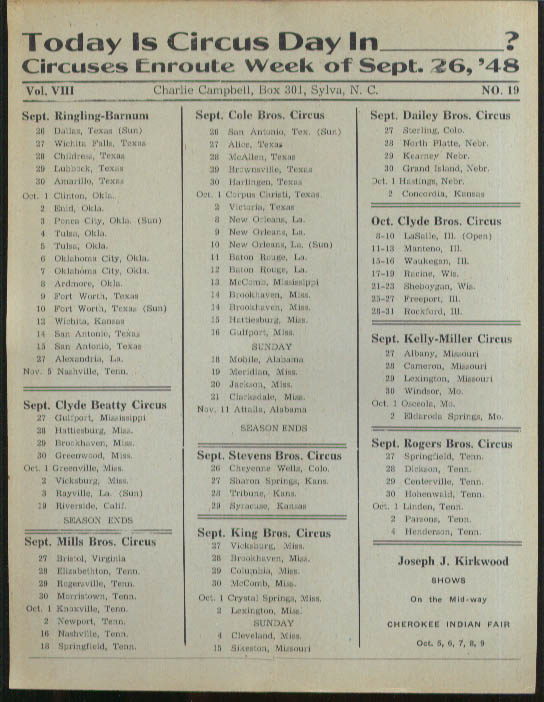 Image for Today is Circus Day Consolidated Route Card #19 9/26 1948 Ringling Bros et al