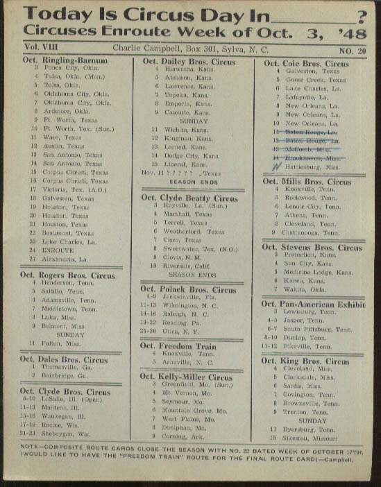 Image for Today is Circus Day Consolidated Route Card #20 10/3 1948 Ringling Bros et al
