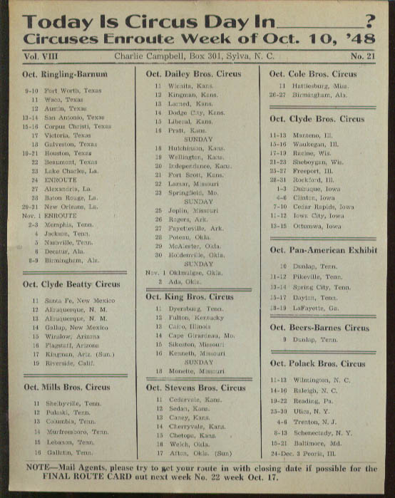 Image for Today is Circus Day Consolidated Route Card #21 10/10 1948 Ringling Bros et al