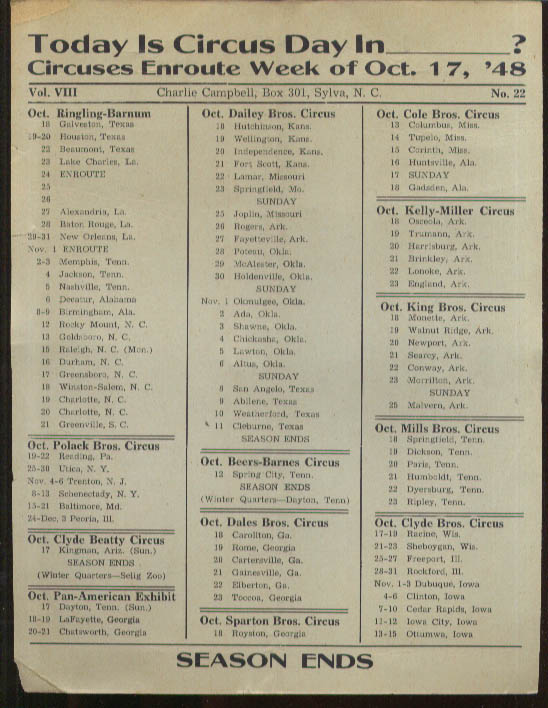 Image for Today is Circus Day Consolidated Route Card #22 10/17 1948 Ringling Bros et al
