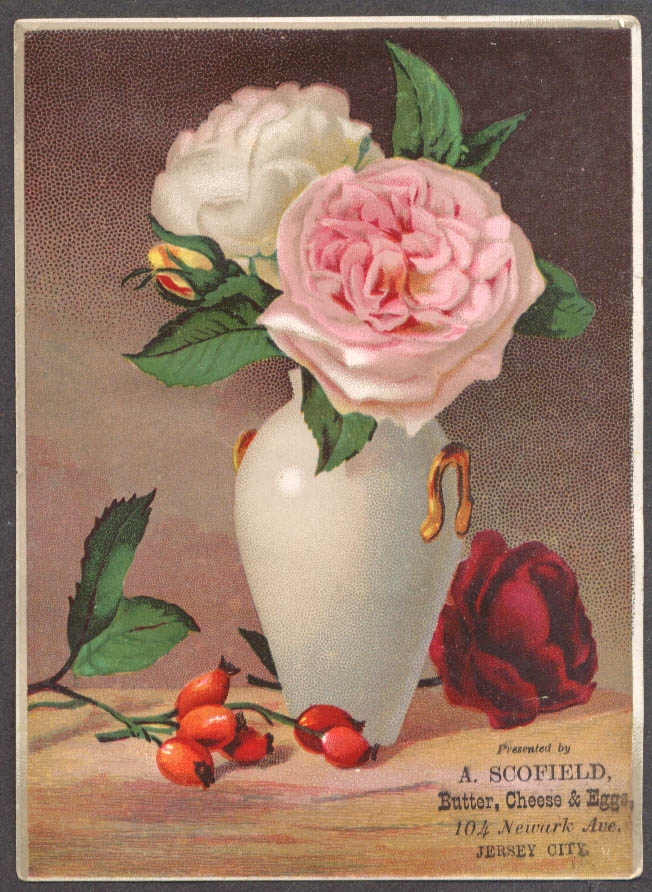 Image for A Scofield Butter Eggs & Cheese Jersey City NJ trade card roses in vase 1880s