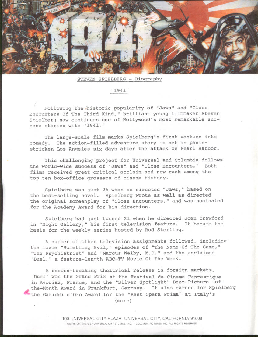 Image for Steven Spielberg 2-page Columbia biography news release for "1941" 1979