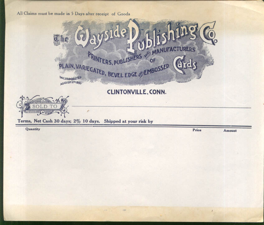 Image for Wayside Publishing Bevel Edge Embossed Cards Clintonville CT billhead 189?