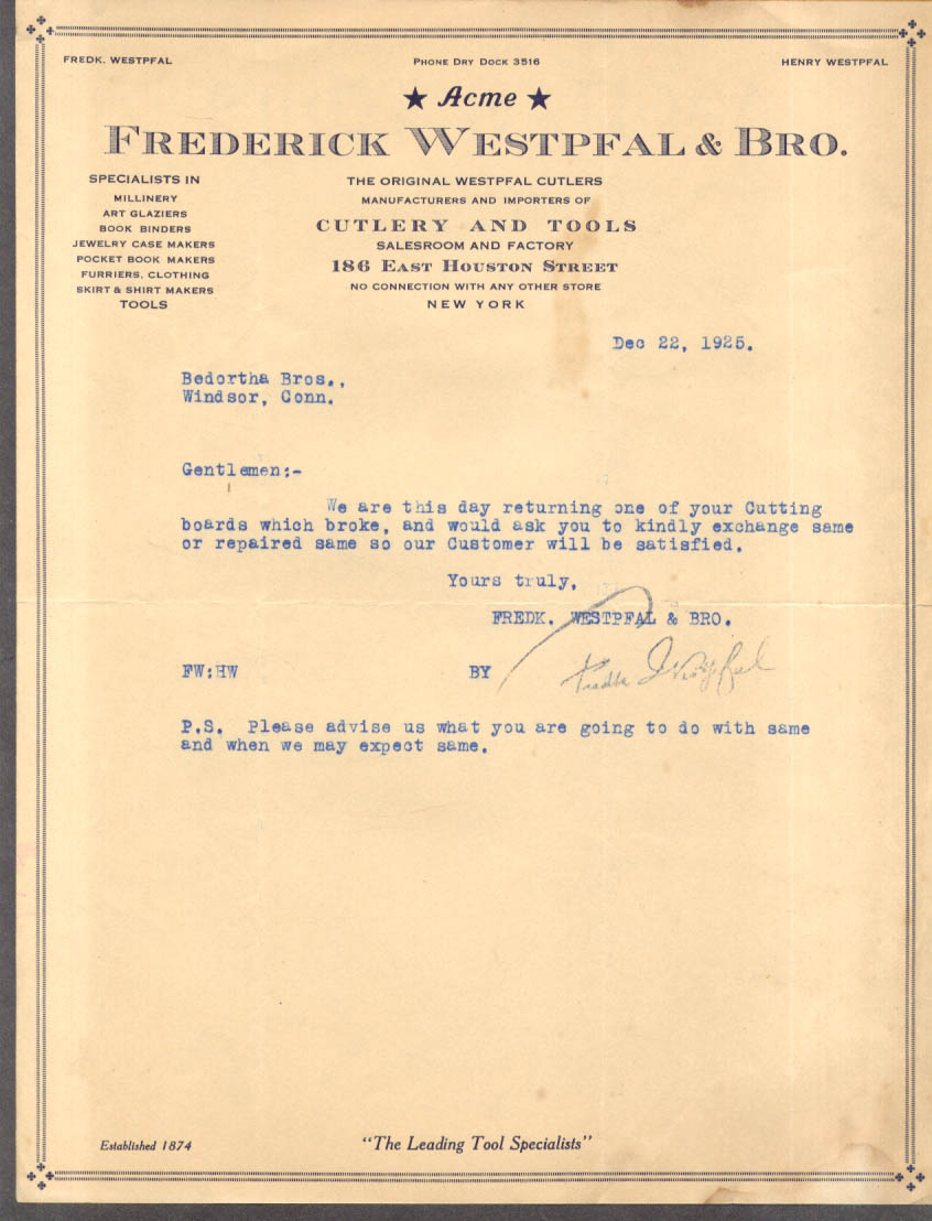 Image for Frederick Westpfal & Bro Cutlery & Tools NYC letter to supplier re breakage 1925