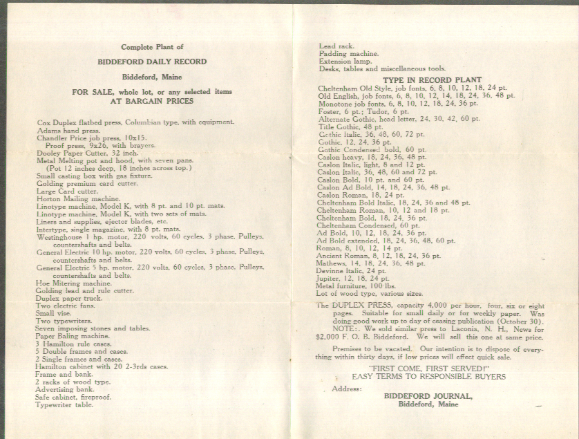 Image for Biddeford Daily Record Going-Out-Of-Business offer sheet 1926 ME
