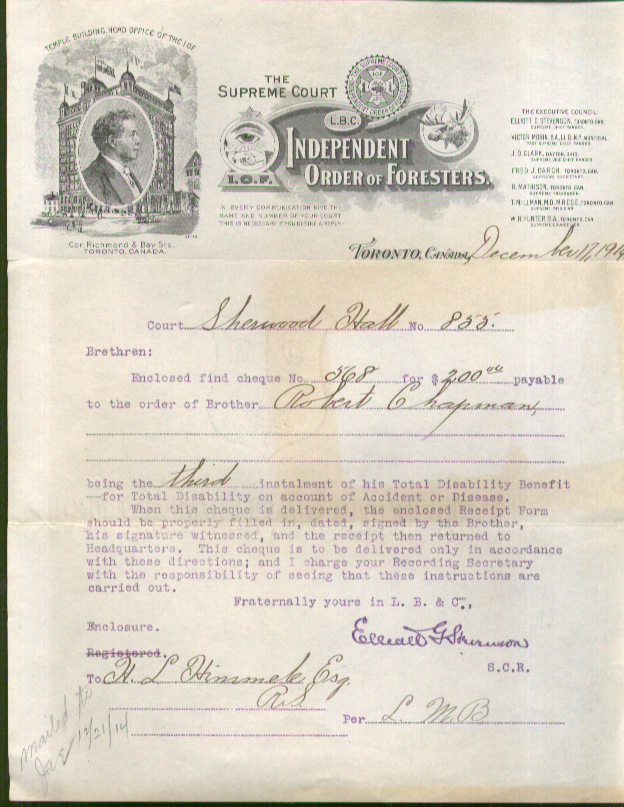 Image for Independent Order of Foresters Disability Benefit letter 1914