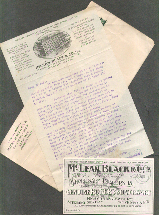 Image for McLean Black Co Boston letter to salesman re no orders for Rogers Silver ca 1916