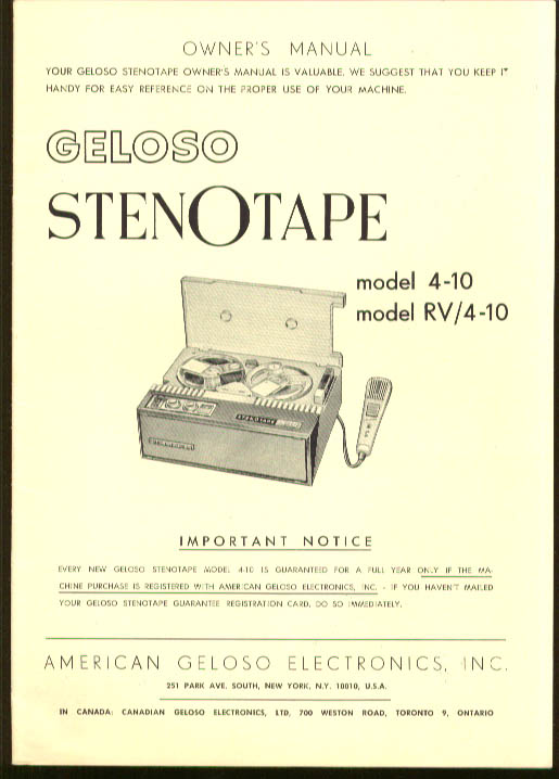 Image for Geloso StenOtape Model 4-10 RV/4-10 reel-to-reel tape recorder manual 1950s