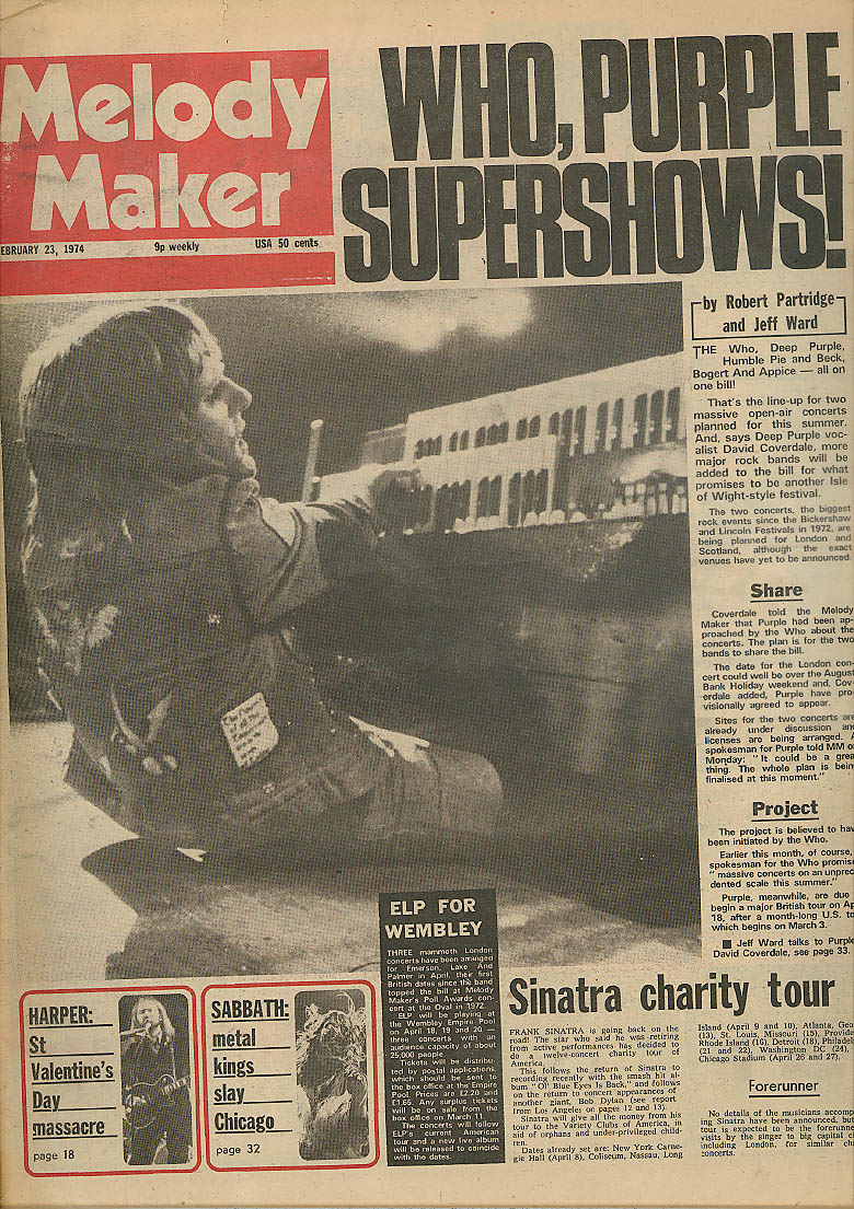 Image for MELODY MAKER The Who Deep Purple Black Sabbath Sinatra 2/23 1974