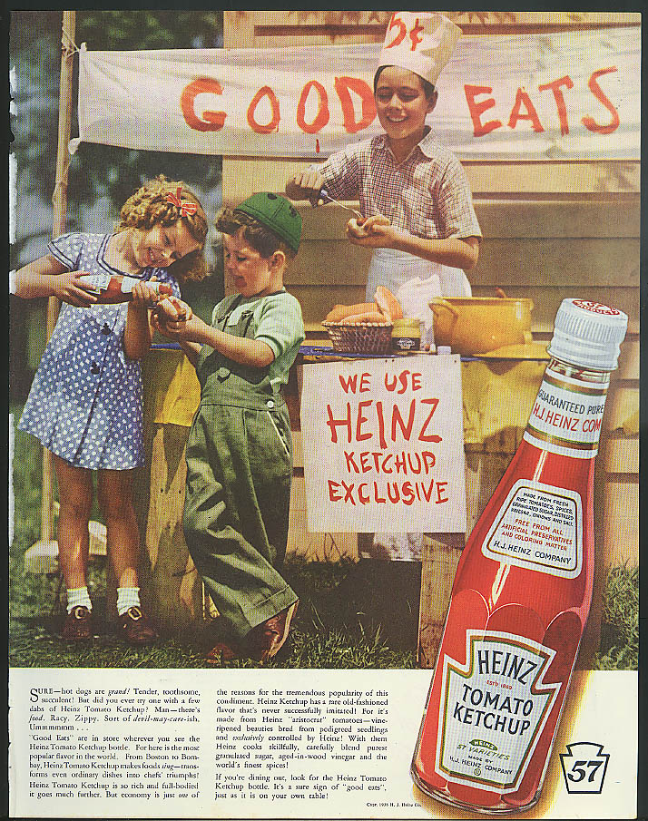 Image for We Use Heinz Ketchup Exclusive kids hot dog stand Good Eats ad 1938