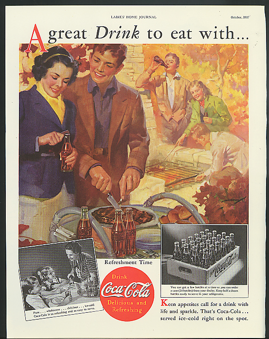 Image for A great drink to eat with Coca-Cola ad 1937 youths cooking out by Sundblom