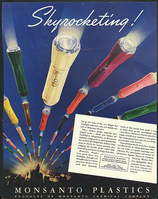 Image for Skyrocketing! Monsanto Plastics Bright Star Flashlight ad 1939
