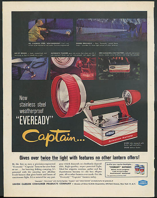 Image for Stainless steel weatherproof Eveready Captain Flashlight ad 1960