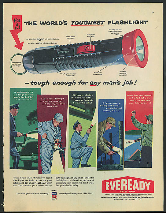 Image for World's Toughest Flashlight Eveready for any man's job ad 1956