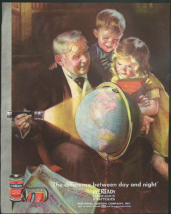 Image for The difference between night & day Eveready Flashlight & Battery ad 1934 globe