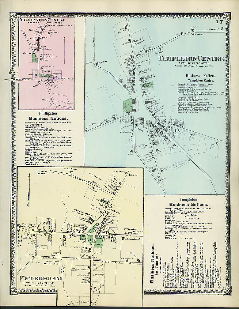 Image for F W Beers hand-colored 1870 Map of Templeton Centre Petersham Phillipston Ctr MA
