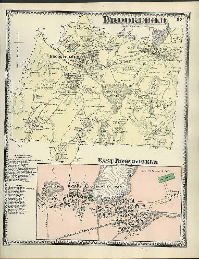 Image for F W Beers hand-colored 1870 Map of Brookfield & East Brookfield MA