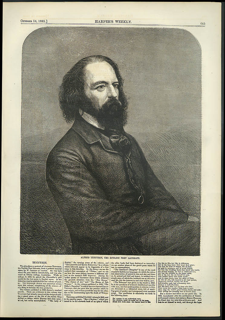 Image for Alfred Tennyson English Poet Laureat Harper's Weekly page 10/14 1865