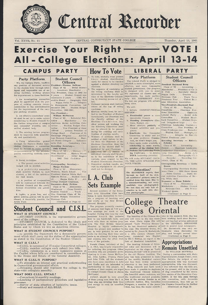 Image for Central Connecticut State College RECORDER 4/13 1961 elections etc
