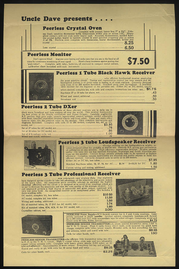 Image for Uncle Dave's Radio Shack Sell Sheet Peerless products ca 1935