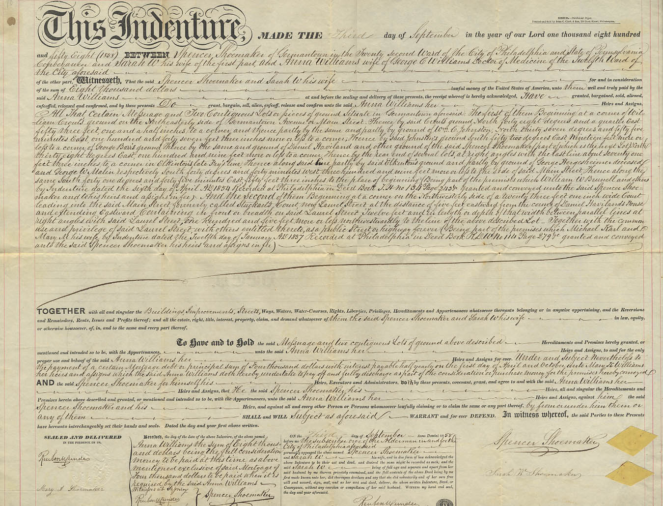 Image for 1858 Deed Spencer Shoemaker & wife to Anna Williams Philadelphia
