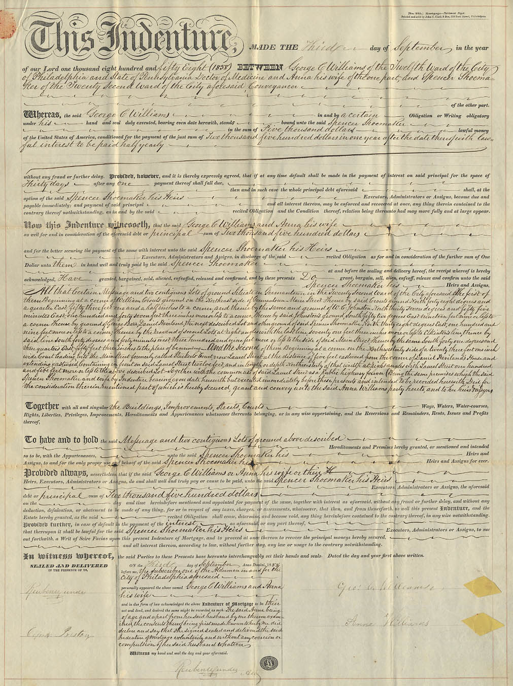 Image for 1858 Mortgage George C Williams & Wife to Spencer Shoemaker Philadelphia