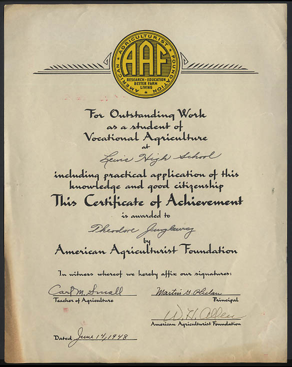 Image for American Agriculturist Foundation Certificate of Achievement for HS V-Ag 1948