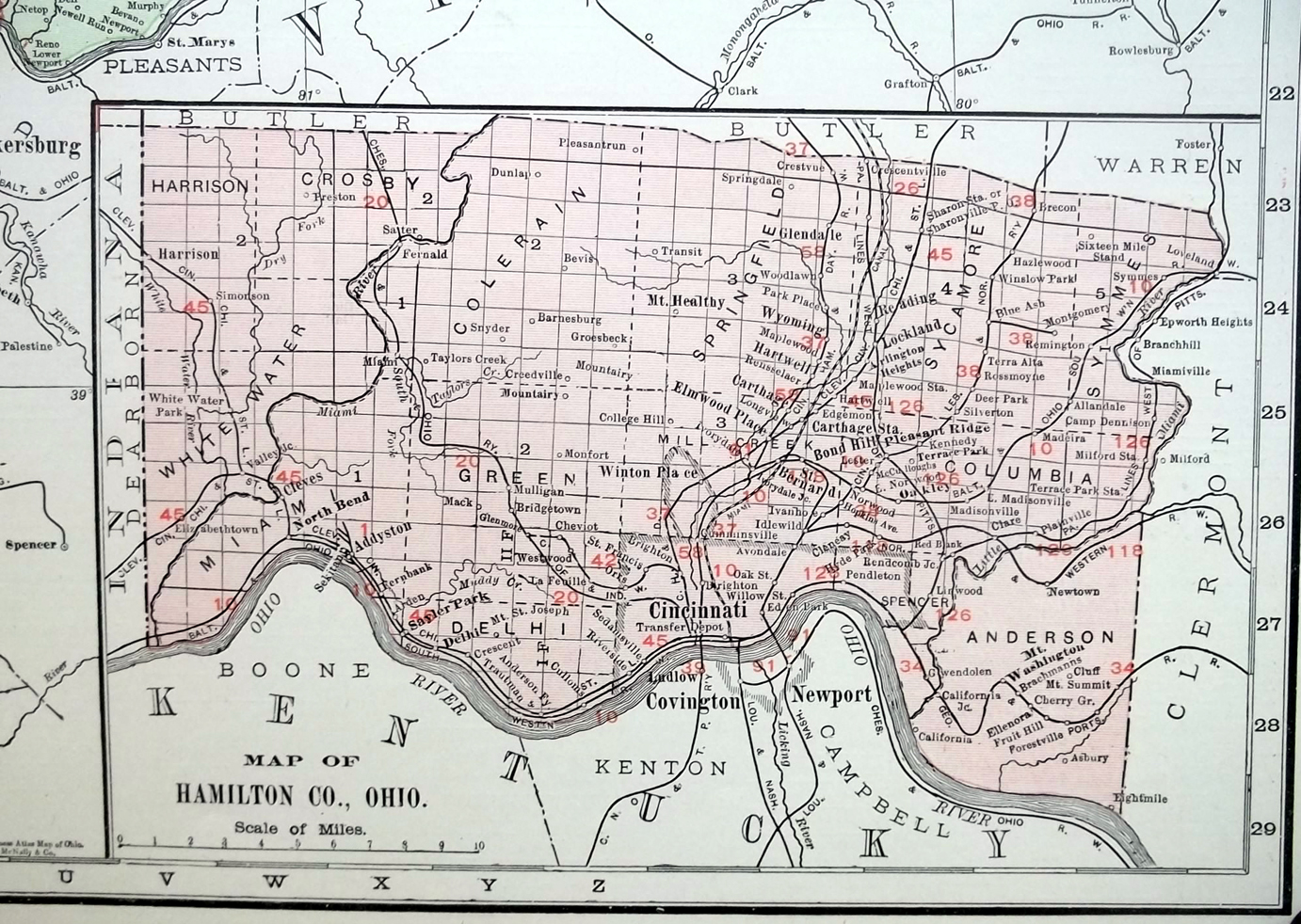 State of Ohio with Hamilton County insert 1912 color Map with Railroads