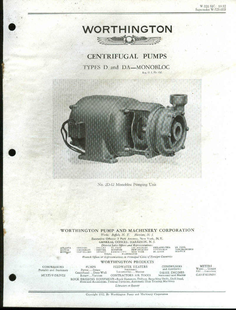 Worthington Centrifugal Pumps Types D & DA Monobloc Bulletin Catalog 1932