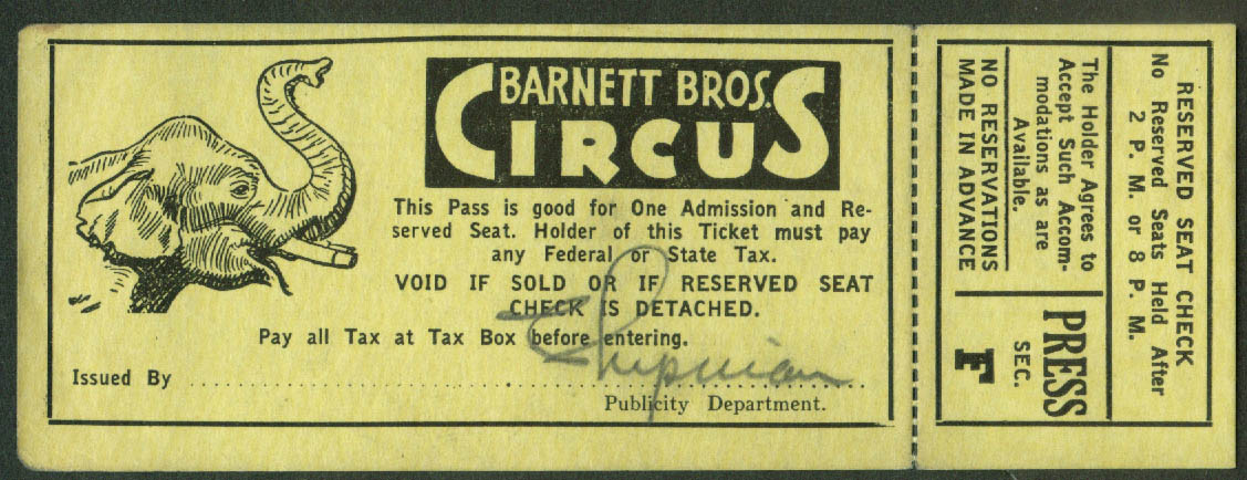 Image for Barnett Bros Circus Press Section reserved Seat Pass ticket 1940s