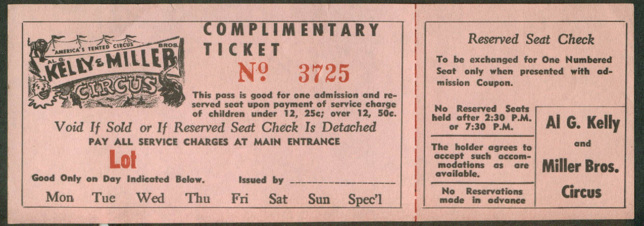 Image for Al G Kelly & Miller Bros Circus Complimentary Reserved Seat ticket 1950s