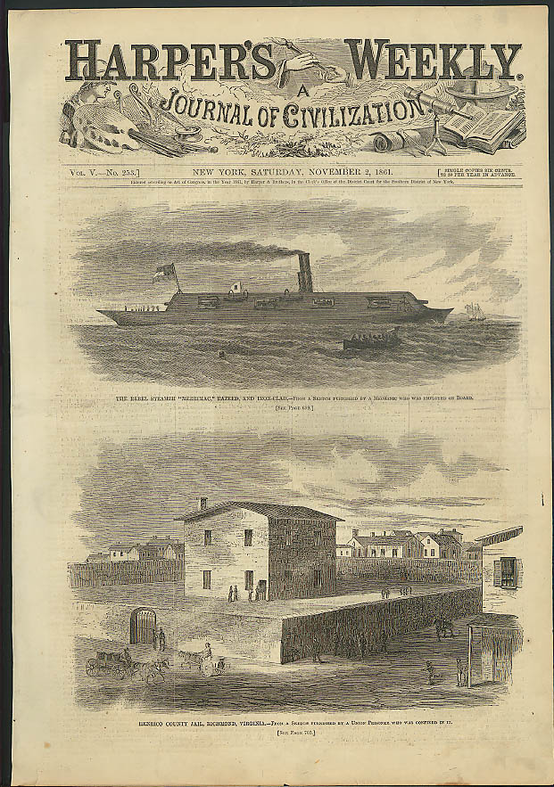 Image for Rebel ironclad Merrimac Henrico Cty Jail VA Harper's Weekly ORIGINAL 11/2 1861
