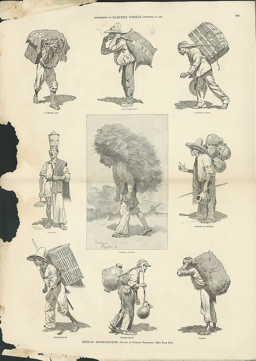 Image for Mexican Burden-Bearers by Frederic Remington HARPER'S WEEKLY page 12/13 1890