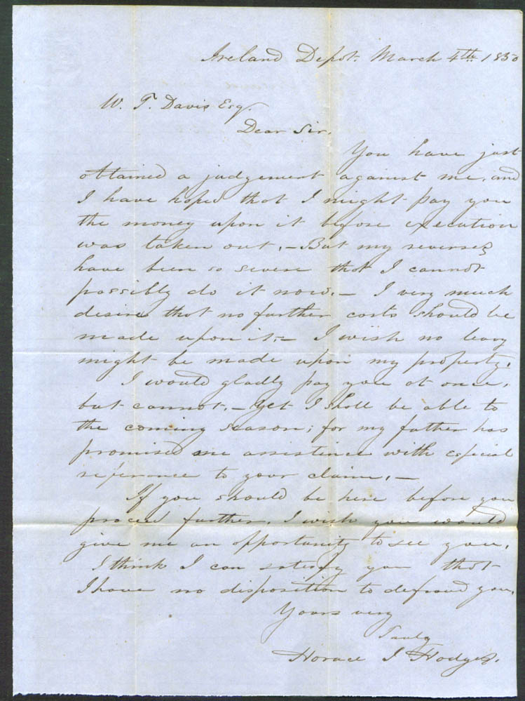 Image for Horace J Hodges letter: W T Davis Ireland Depot MA 1850