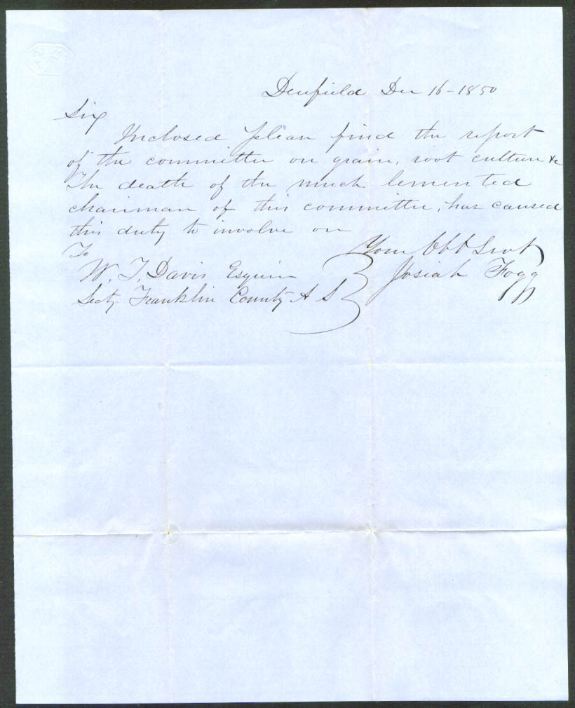 Image for Josiah Fogg letter Wendell T Davis Deerfield MA 1850