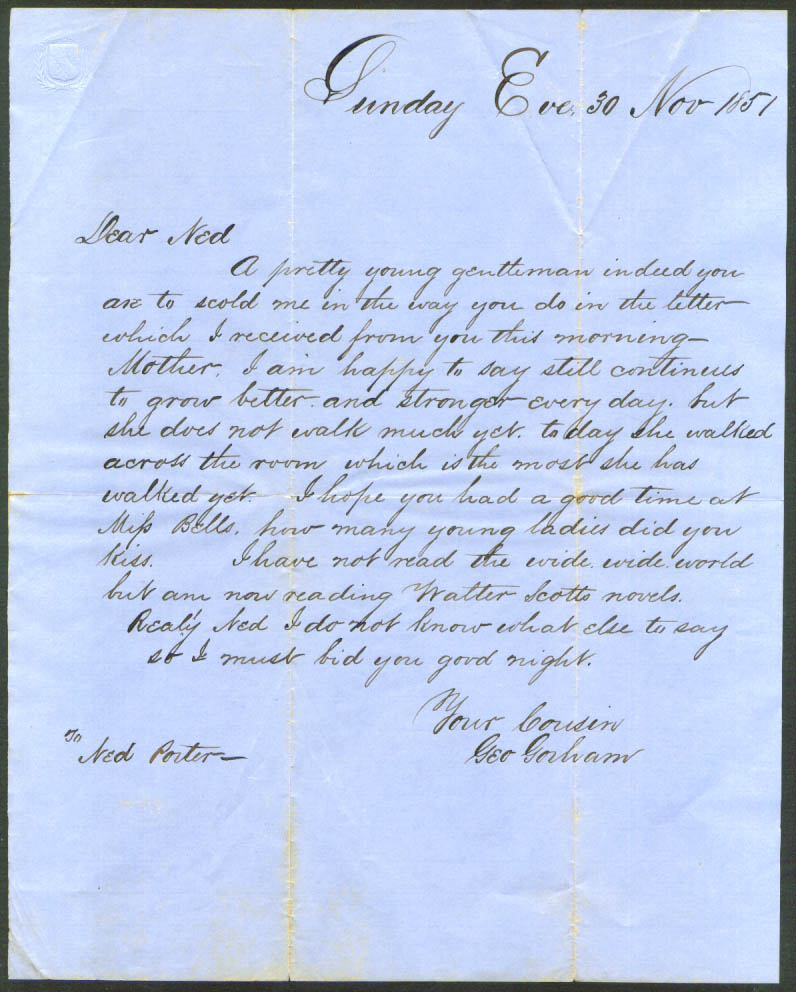 Image for George Gorham letter cousin Edward Ned Porter 1851