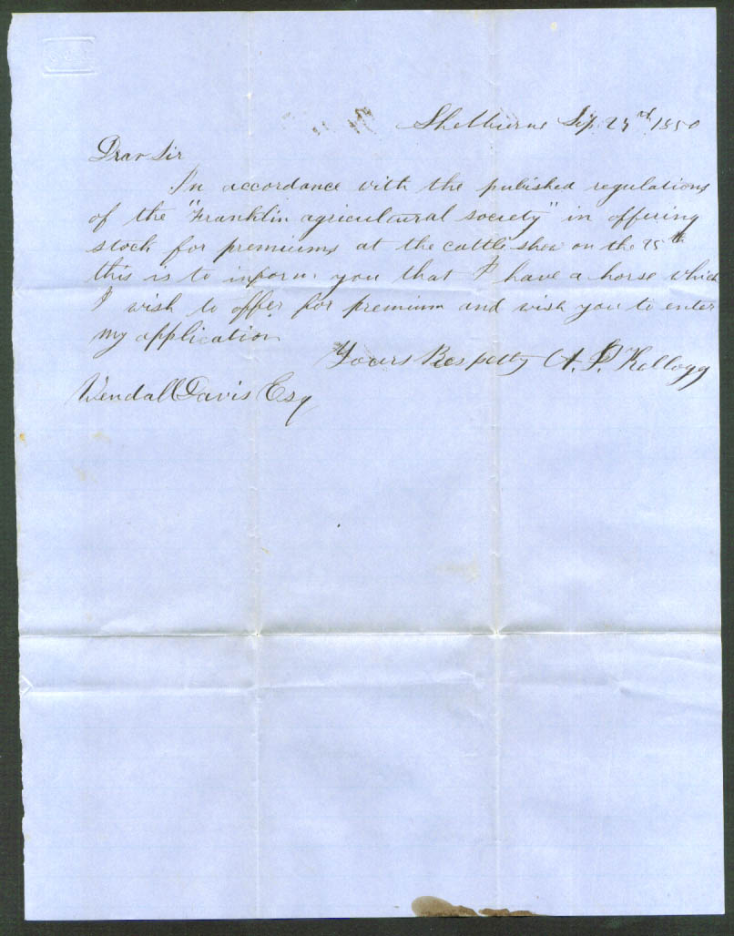 Image for A P Kellogg letter Wendell T Davis Shelburne MA 1850