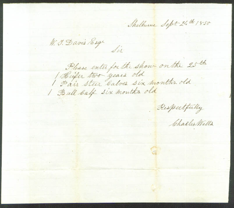Image for Charles Wells letter Wendell T Davis Shelburne MA 1850