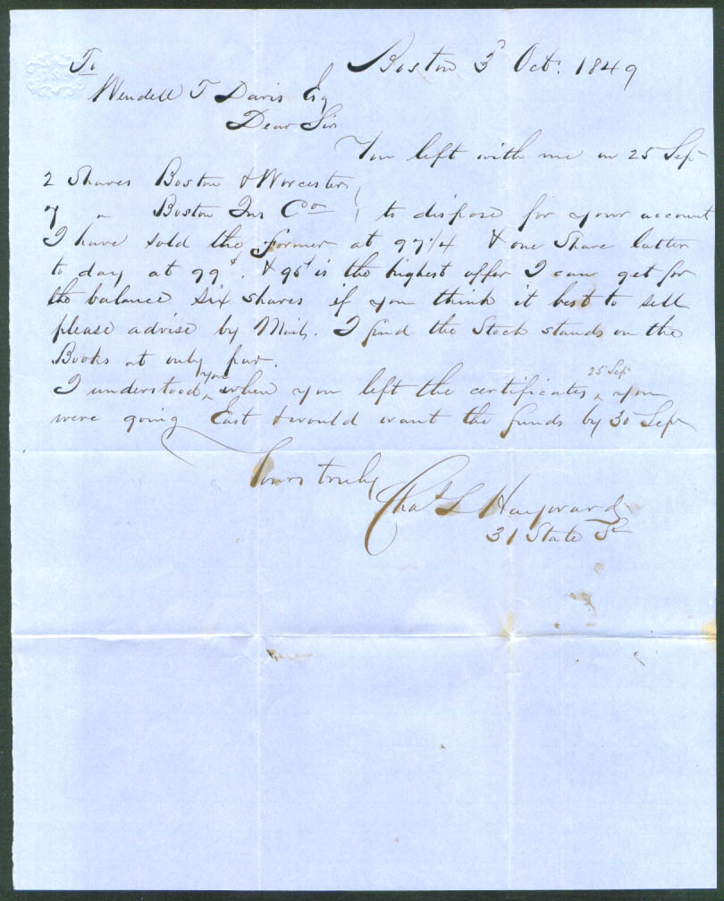 Image for Chas L Hayward letter W T Davis stock sale Boston 1849