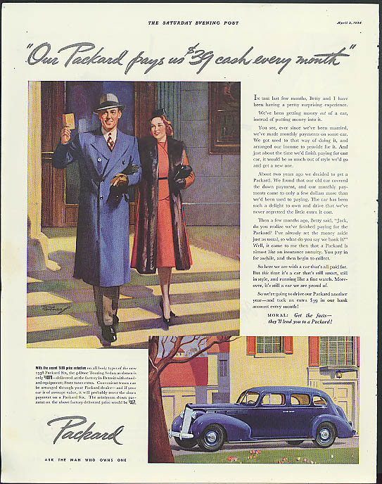 Image for Our Packard pays us $39 cash every month Six 4-Door Touring Sedan ad 1938