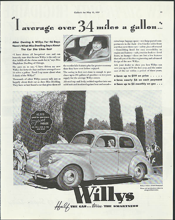 Image for I average over 34 miles a gallon Willys ad 1937